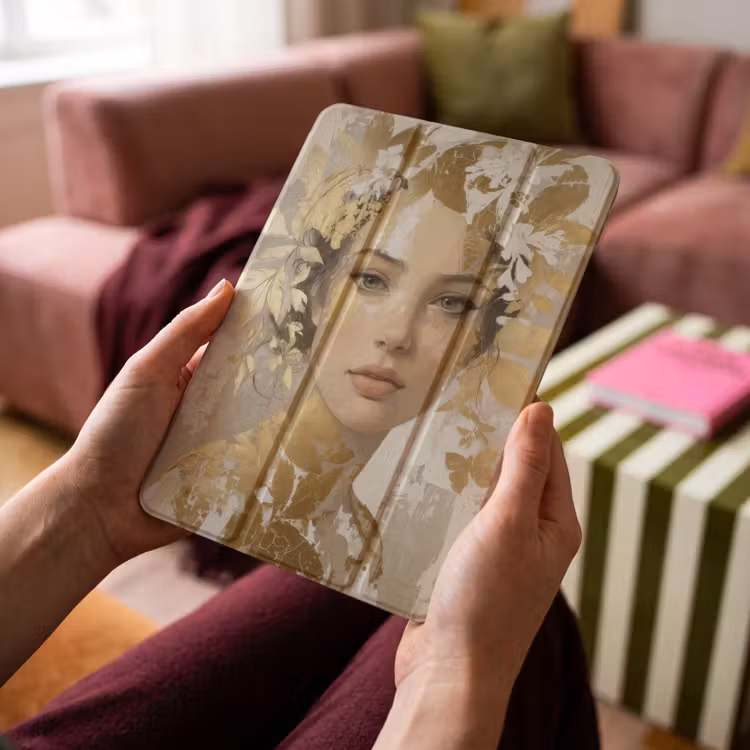 iPad-Hülle - Gesicht - Frau - Blätter - Gold — 4
