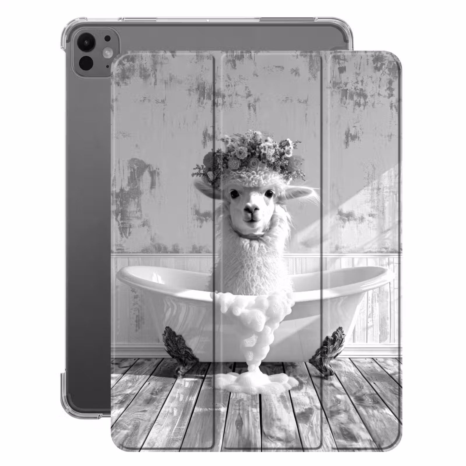 iPad-Hülle - Alpaka - Blumen - Tier - Bad - Schwarz - Weiß — 1