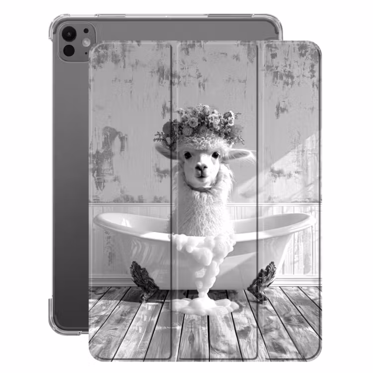 iPad-Hülle - Alpaka - Blumen - Tier - Bad - Schwarz - Weiß — 1