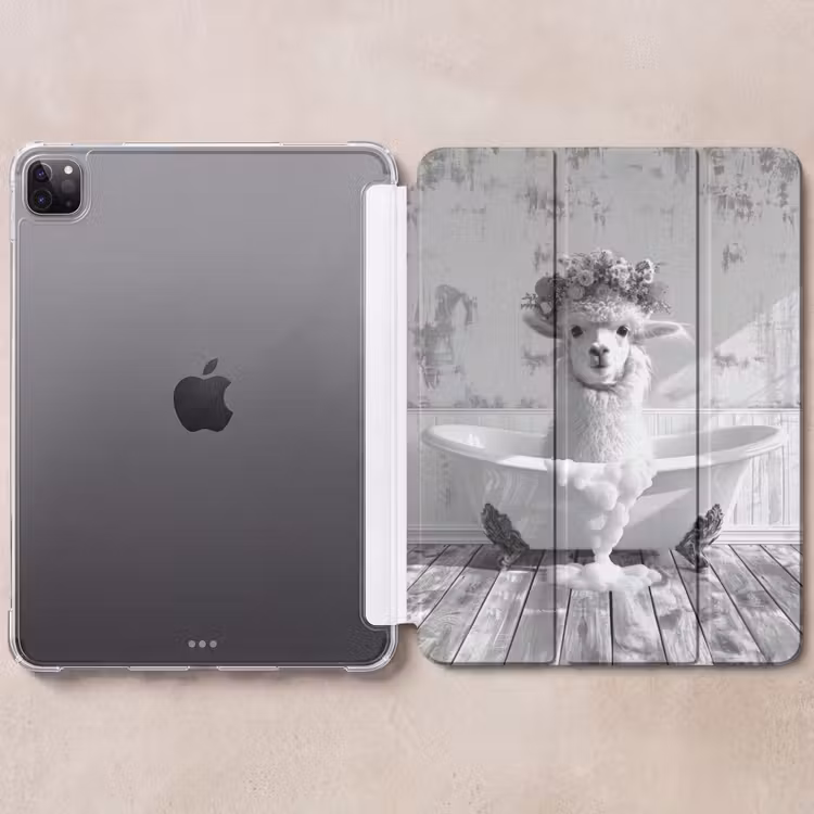 iPad-Hülle - Alpaka - Blumen - Tier - Bad - Schwarz - Weiß — 6