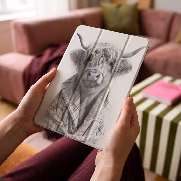 iPad-Hülle - Schottischer Highlander - Kuh - Bademantel - Schwarz und weiß — 4