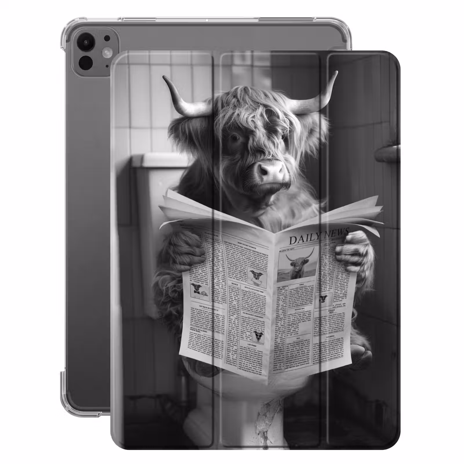 iPad-Hülle - Schottischer Highlander - Kuh - Zeitung - WC - Schwarz-Weiß — 1