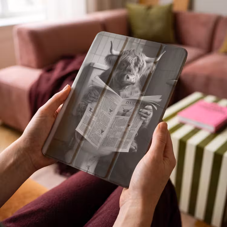 iPad-Hülle - Schottischer Highlander - Kuh - Zeitung - WC - Schwarz-Weiß — 4