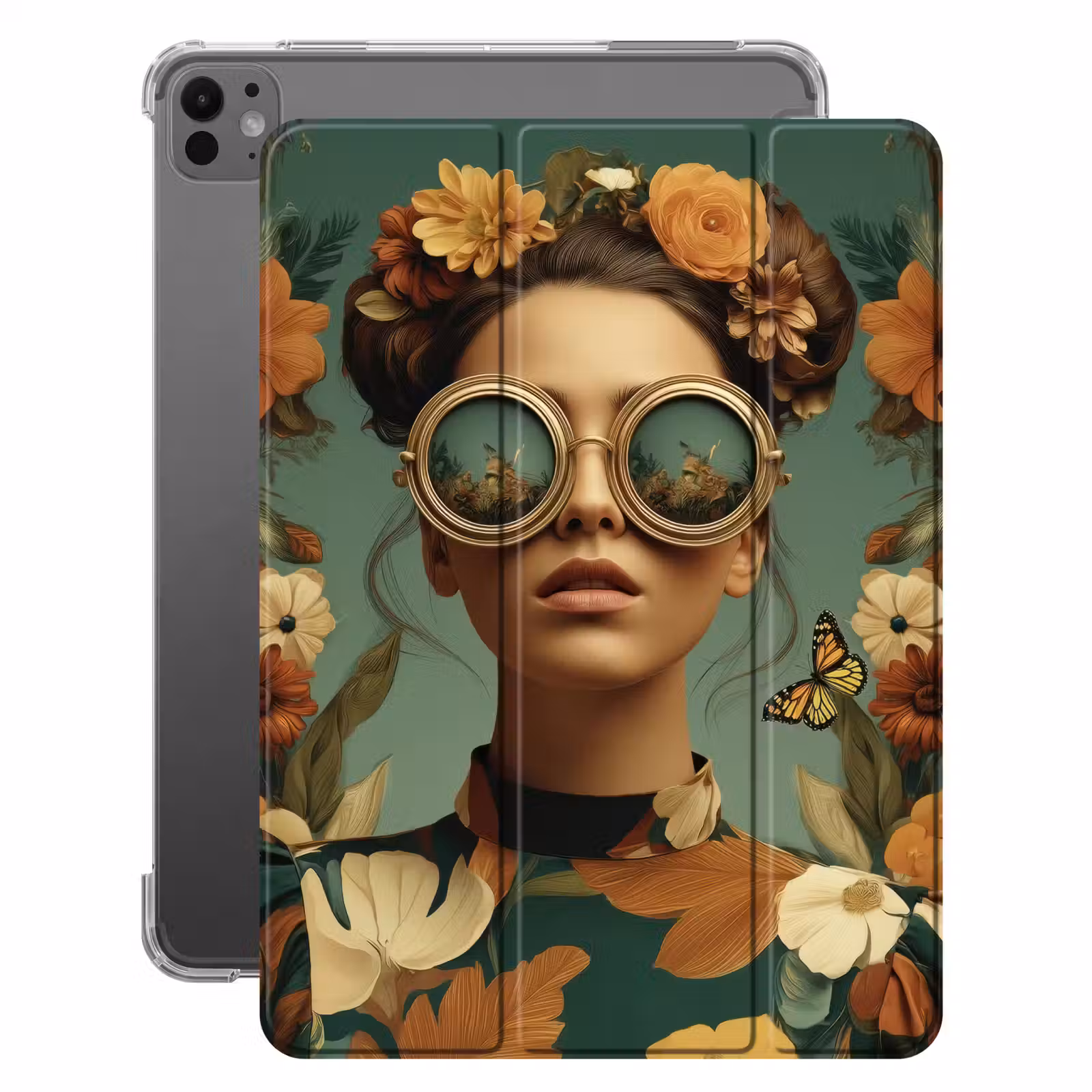 iPad-Hülle - Blumenkranz – Frauengesicht – Sonnenbrille – Orange — 1