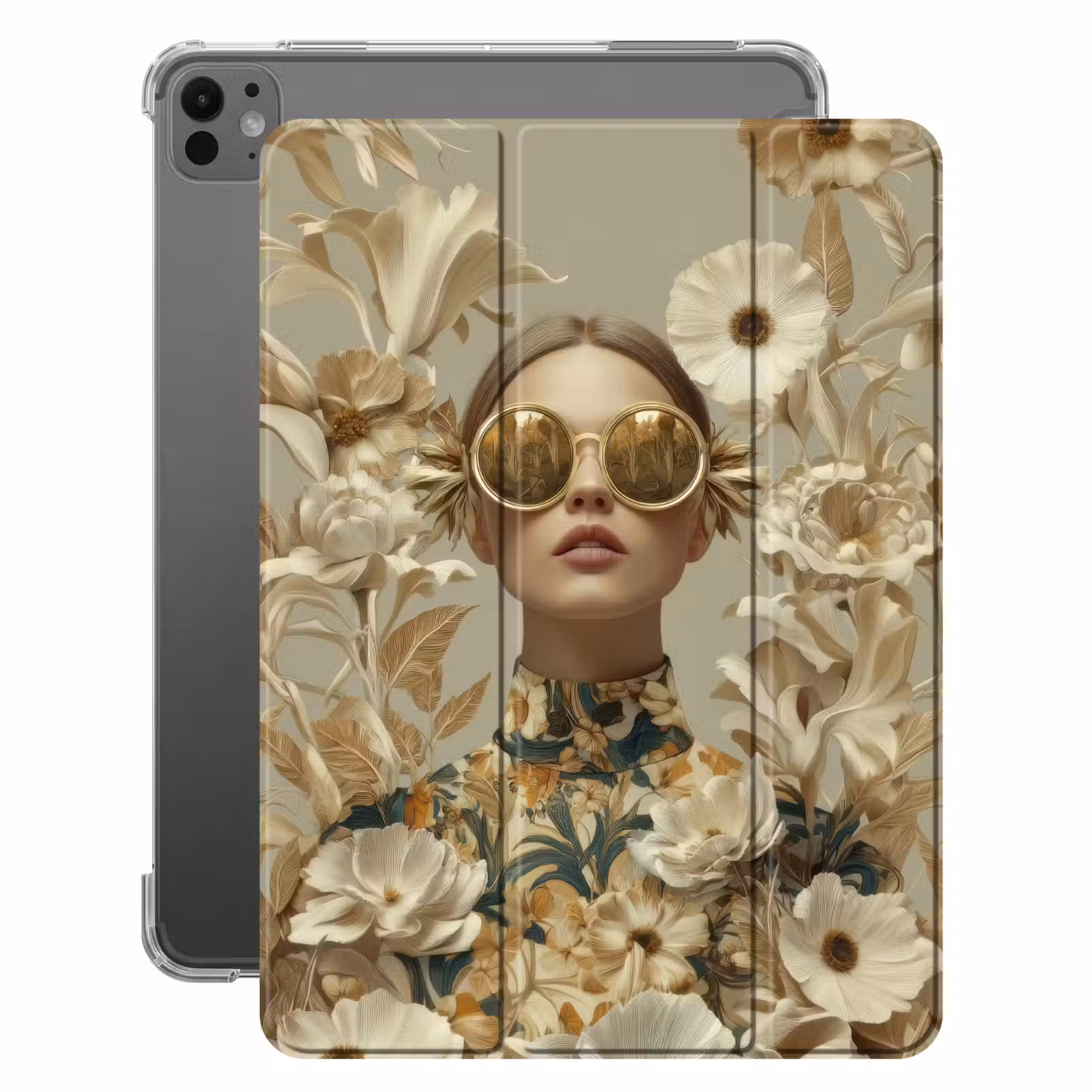 iPad-Hülle - Frau - Blumen - Sonnenbrille - Weiß — 1