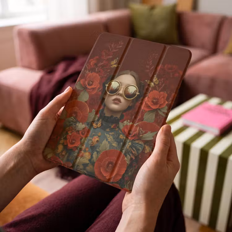 iPad-Hülle - Blumen - Tiefrot - Sonnenbrille - Frau — 4