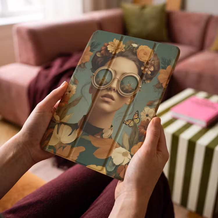 iPad-Hülle - Blumenkranz – Frauengesicht – Sonnenbrille – Orange — 4