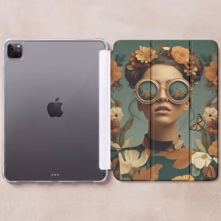 iPad-Hülle - Blumenkranz – Frauengesicht – Sonnenbrille – Orange — 6