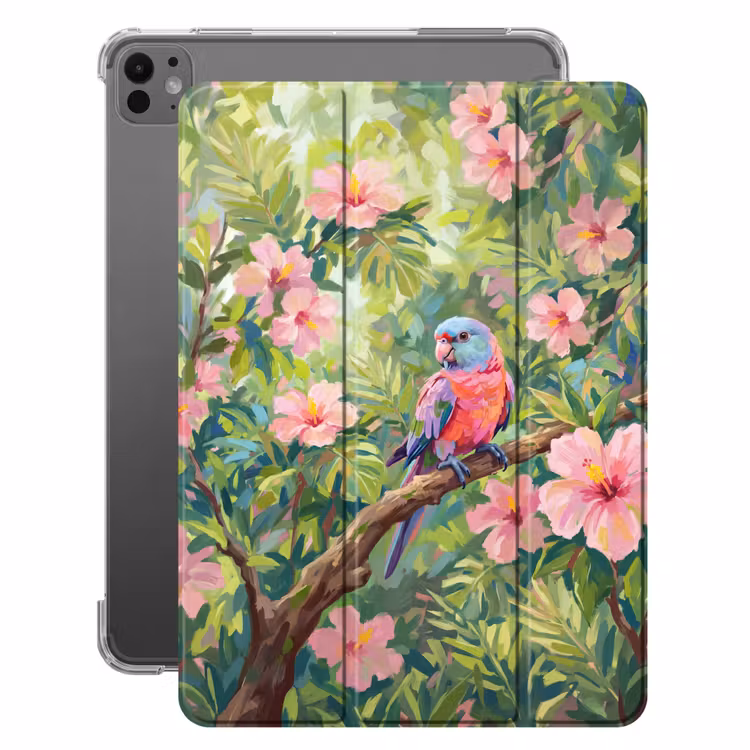iPad-Hülle - Papagei - Hibiskusblüten - Farbenfroh — 1
