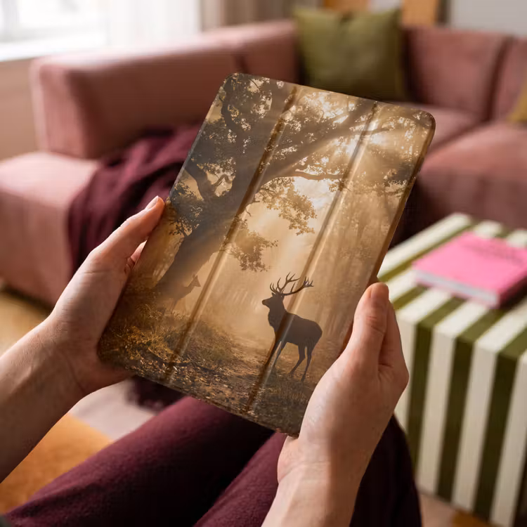 iPad-Hülle - Hirsch - Wald - Neblig - Natur - Gold — 4