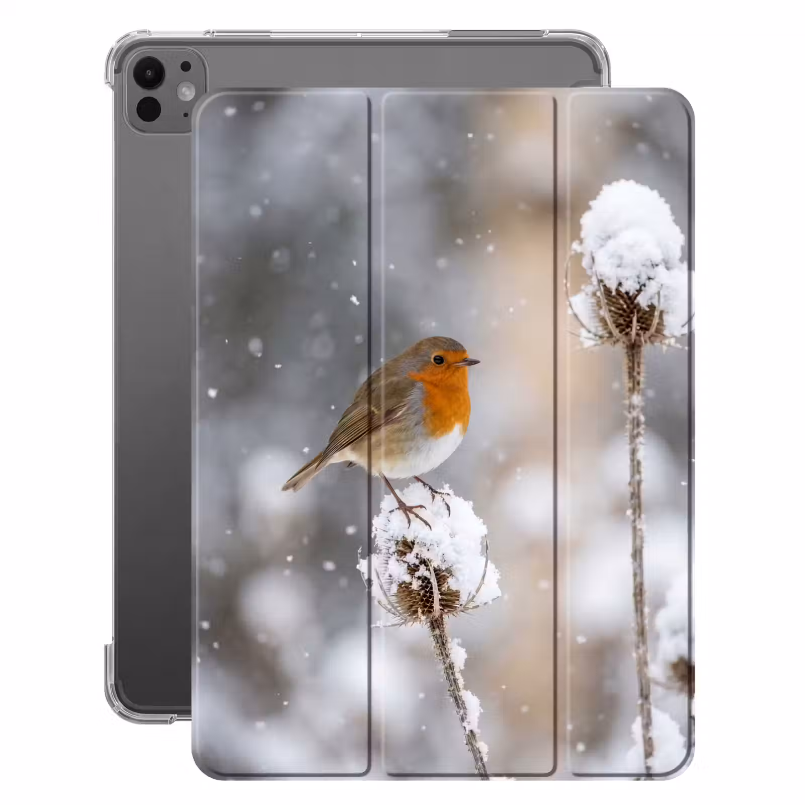 iPad-Hülle - Rotkehlchen - Getrocknete Blume - Schnee - Winter - Lieblich — 1