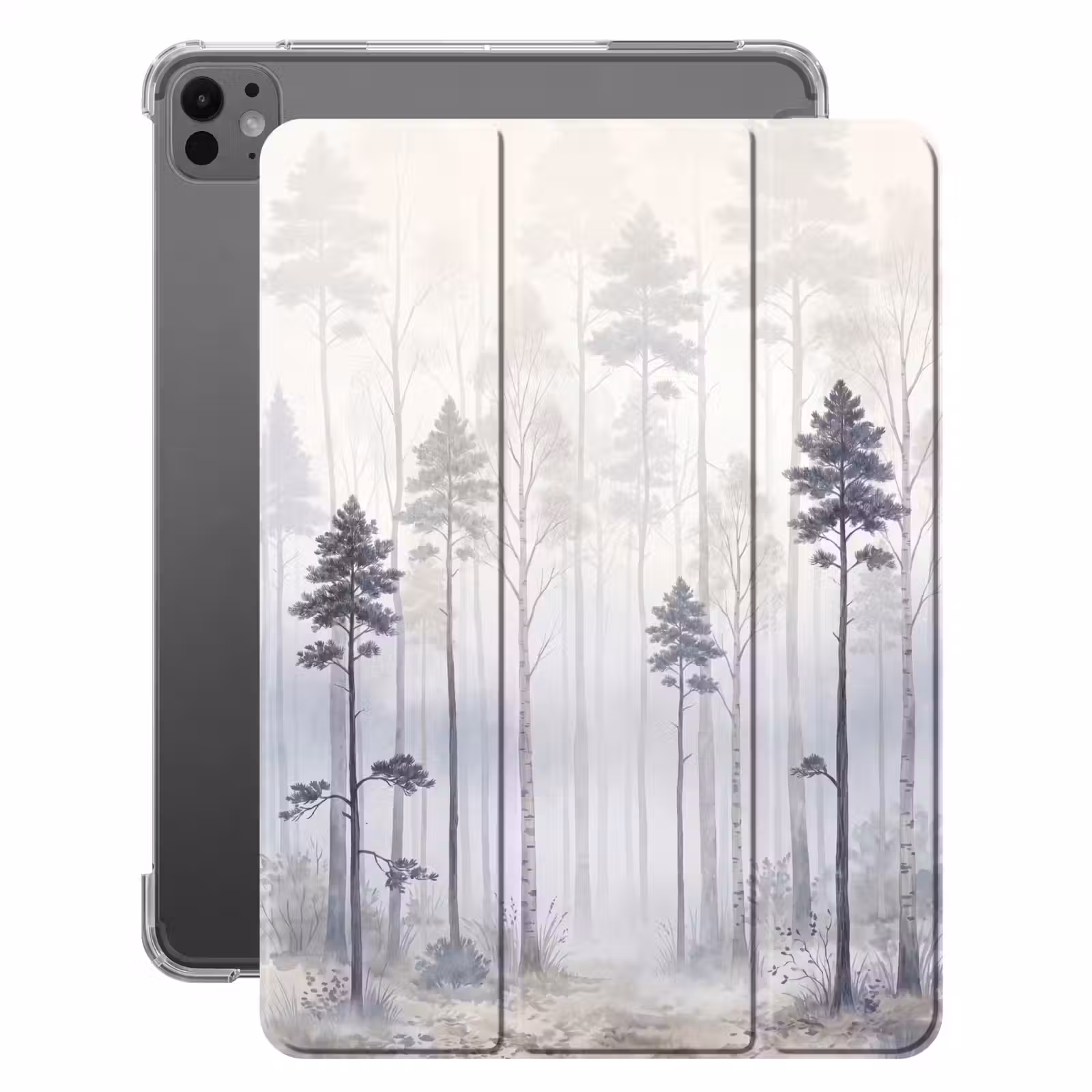 iPad-Hülle - Wald - Bäume - Nebel - Natur - Illustration - Grau — 1