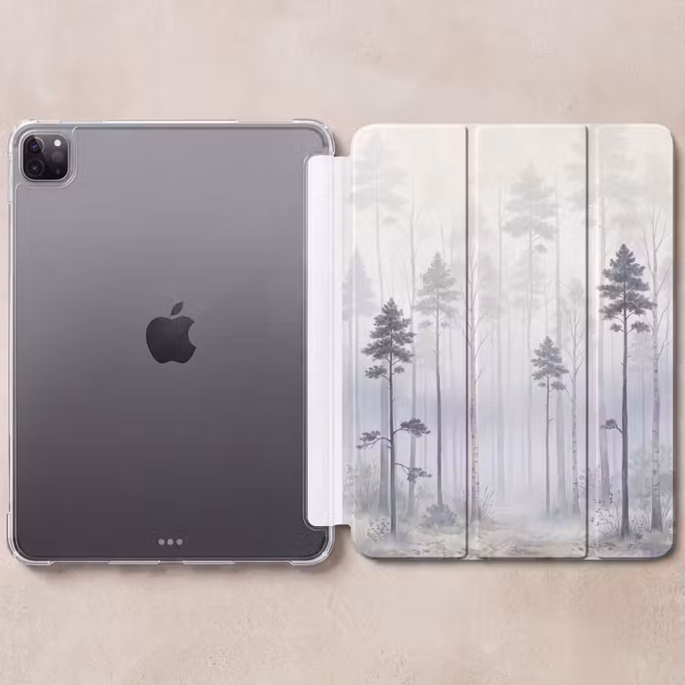 iPad-Hülle - Wald - Bäume - Nebel - Natur - Illustration - Grau — 6