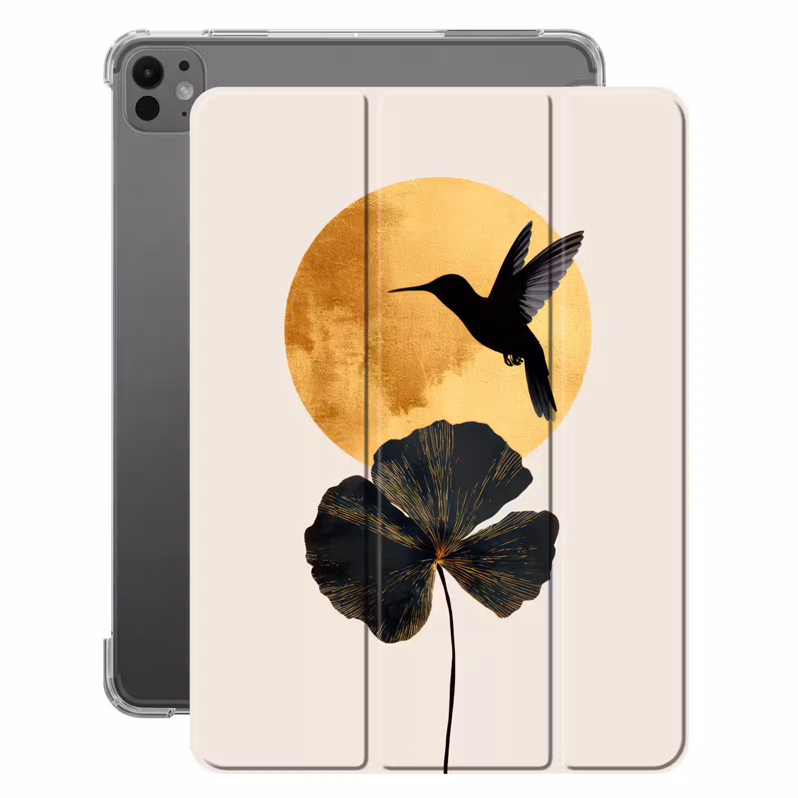 iPad-Hülle - Schwarzer Kolibri - Blume - Goldener Kreis — 1