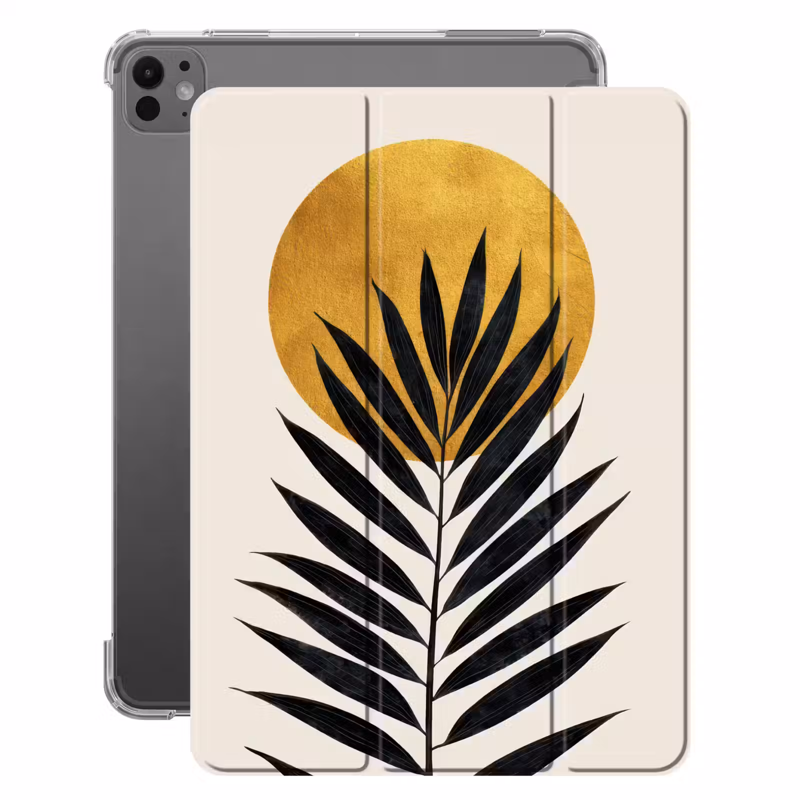 iPad-Hülle - Schwarzes Palmblatt - Goldener Kreis - Beigefarbener Hintergrund — 1
