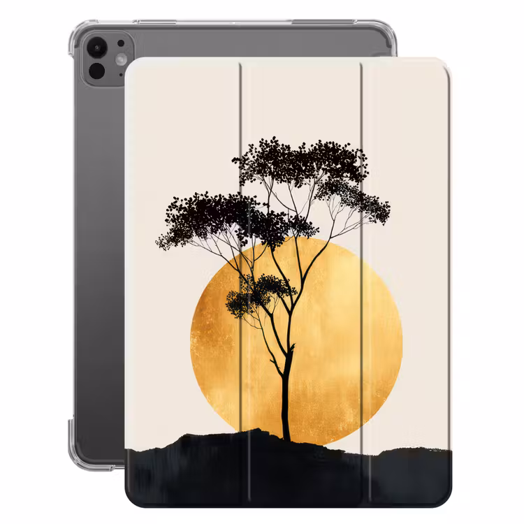 iPad-Hülle - Schwarzer Baum - Goldener Kreis - Hügel — 1
