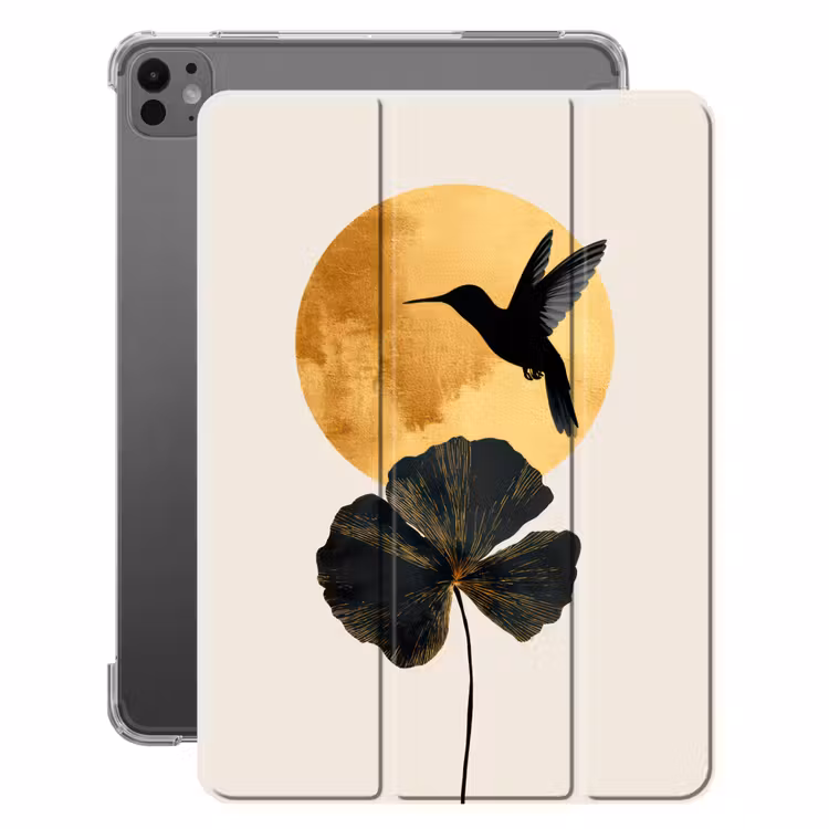 iPad-Hülle - Schwarzer Kolibri - Blume - Goldener Kreis — 1