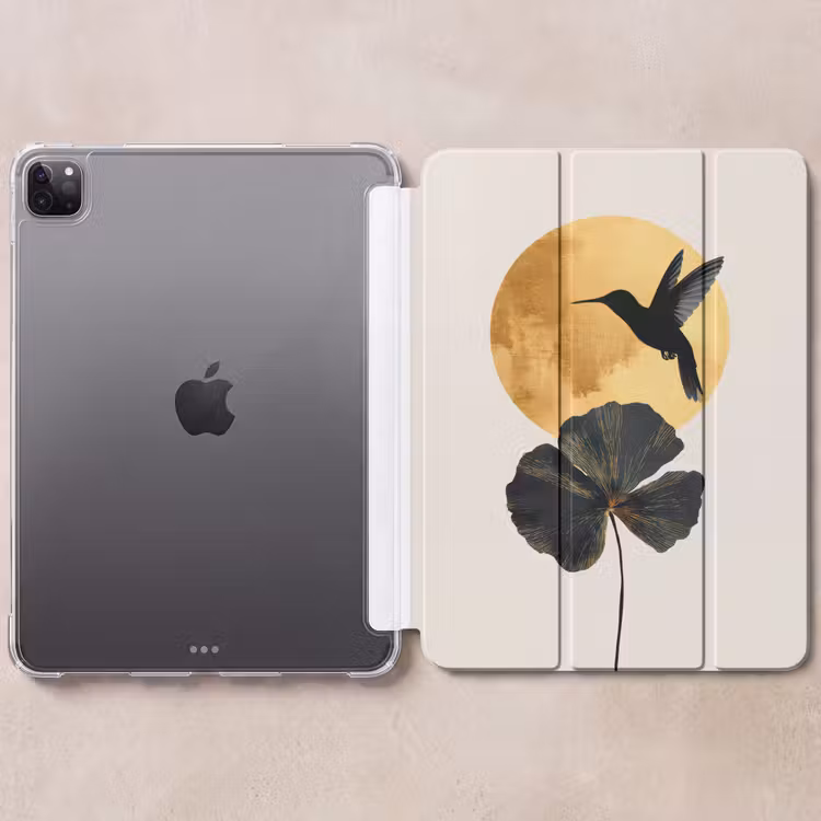 iPad-Hülle - Schwarzer Kolibri - Blume - Goldener Kreis — 6