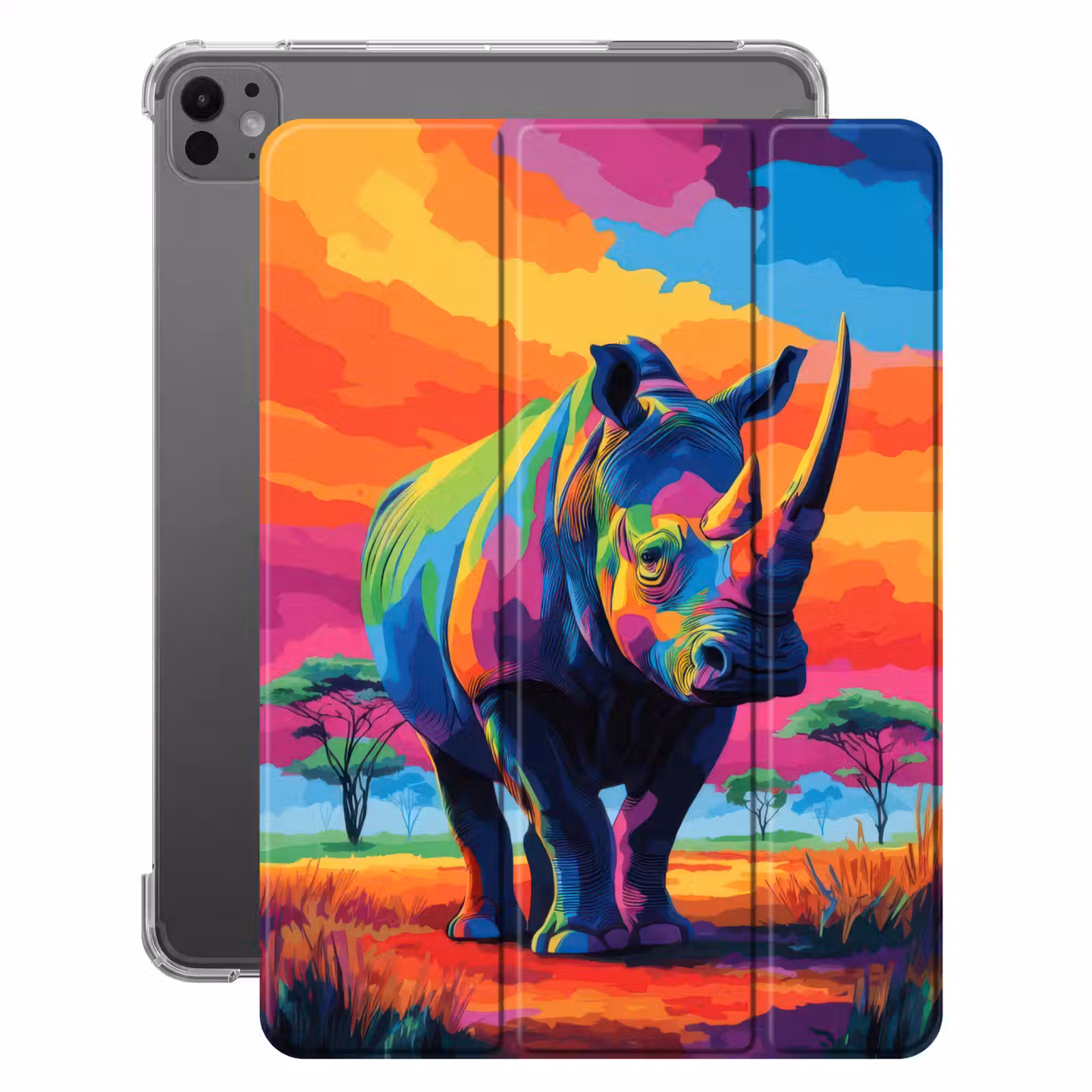 iPad-Hülle - Nashorn - Sonnenuntergang - Savanne - Farbenfroh — 1
