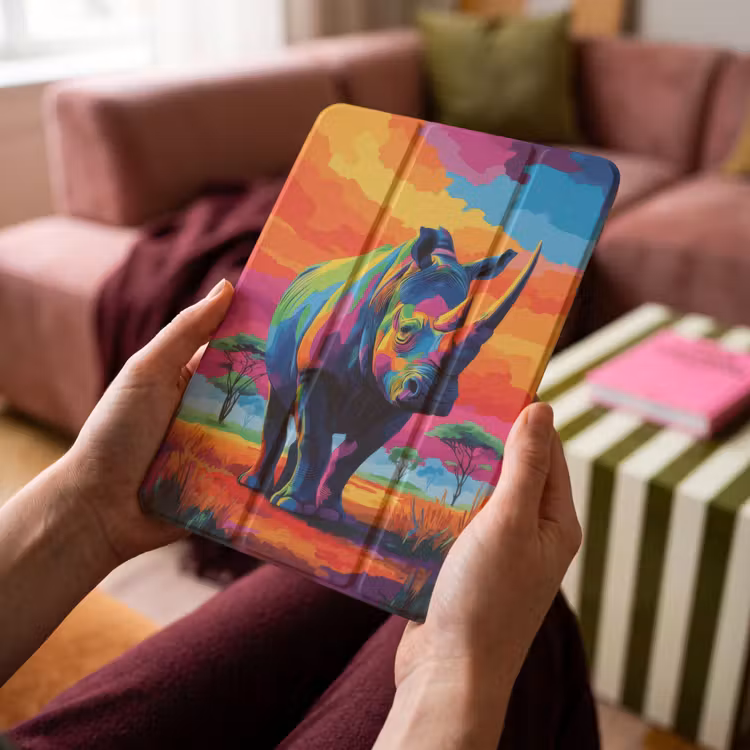 iPad-Hülle - Nashorn - Sonnenuntergang - Savanne - Farbenfroh — 4