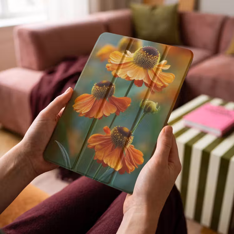 iPad-Hülle - Orangefarbene Blumen - Lebendig - Unscharfer Hintergrund — 4