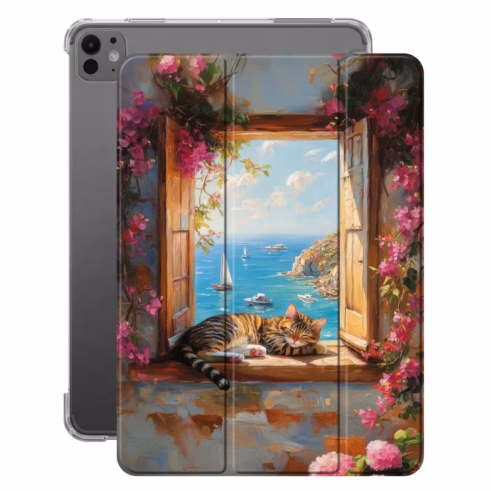 iPad-Hülle - Katze - Blaues Meer - Rosa Blumen — 1