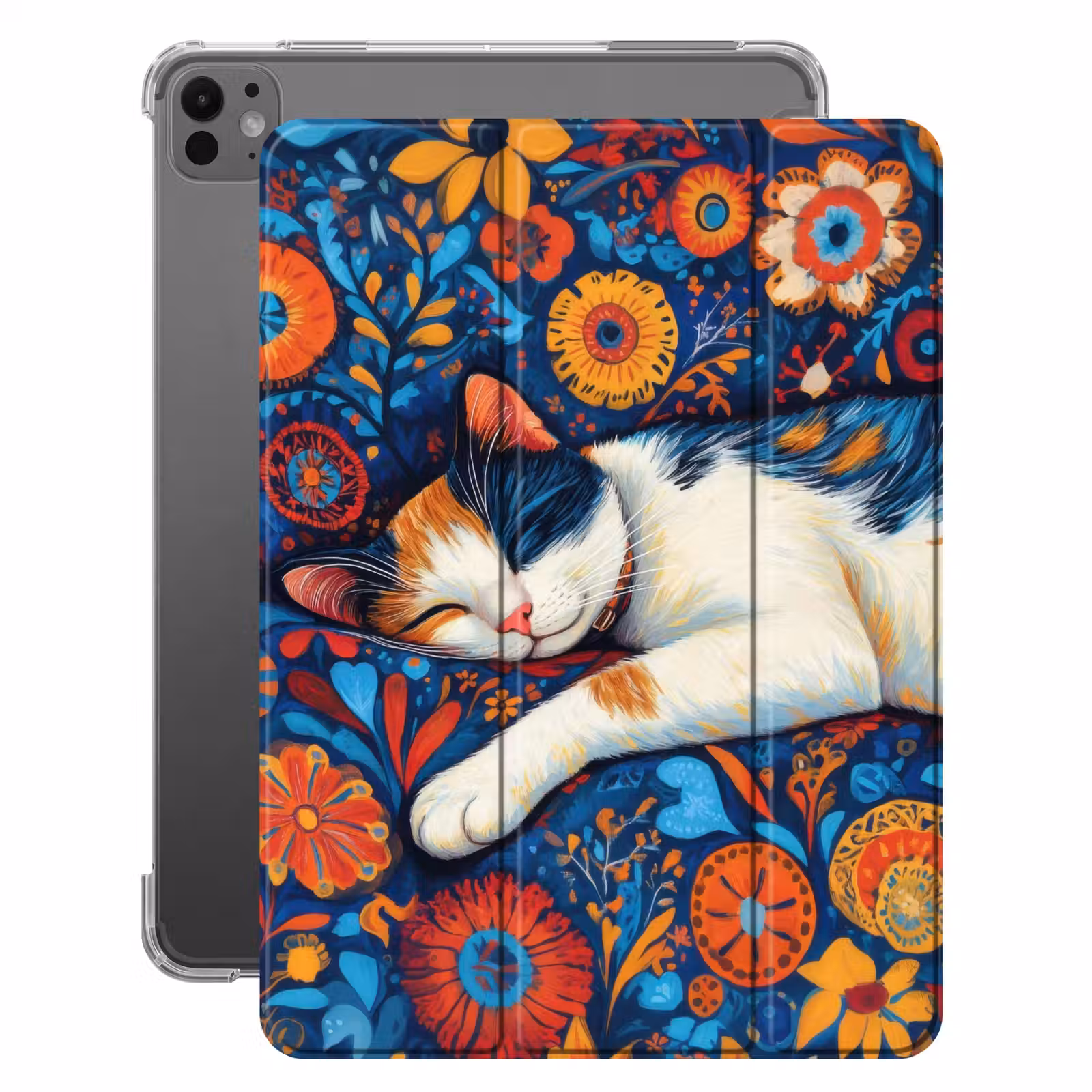 iPad-Hülle - Katze - Blumenmuster - Blau - Orange — 1