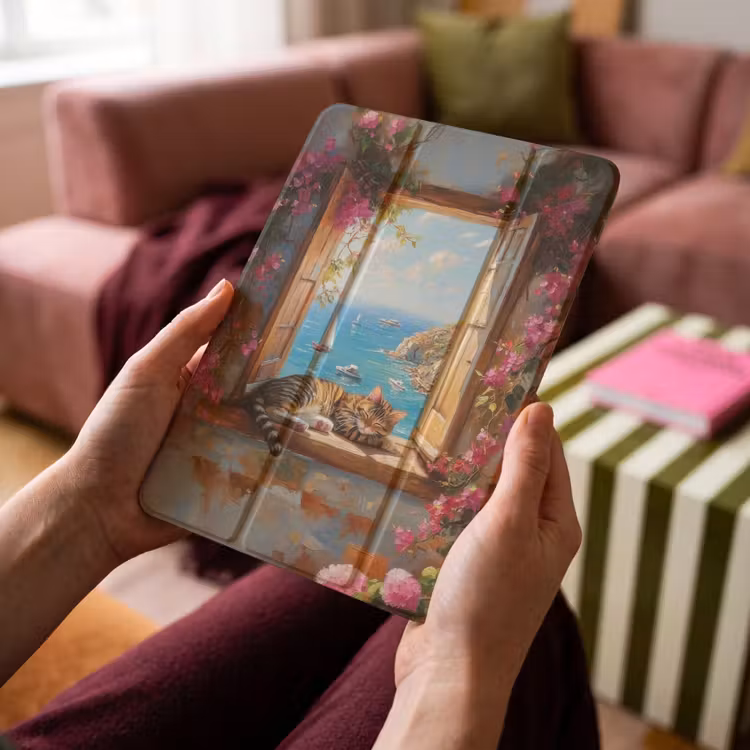 iPad-Hülle - Katze - Blaues Meer - Rosa Blumen — 4