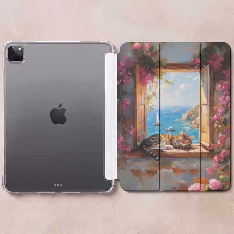 iPad-Hülle - Katze - Blaues Meer - Rosa Blumen — 6