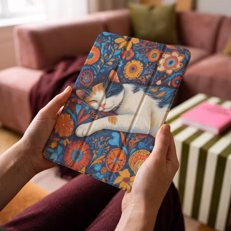 iPad-Hülle - Katze - Blumenmuster - Blau - Orange — 4