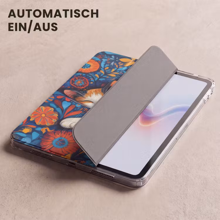 iPad-Hülle - Katze - Blumenmuster - Blau - Orange — 5