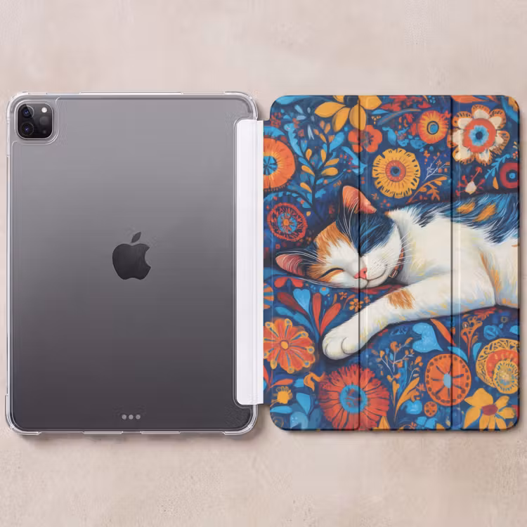 iPad-Hülle - Katze - Blumenmuster - Blau - Orange — 6
