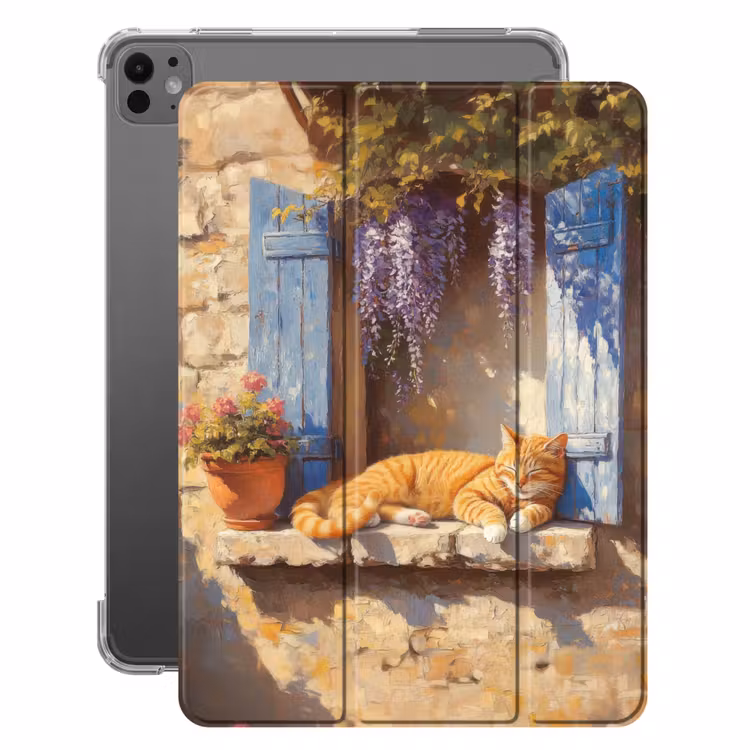 iPad-Hülle - Katze - Fensterbank aus Stein - Blumen — 1