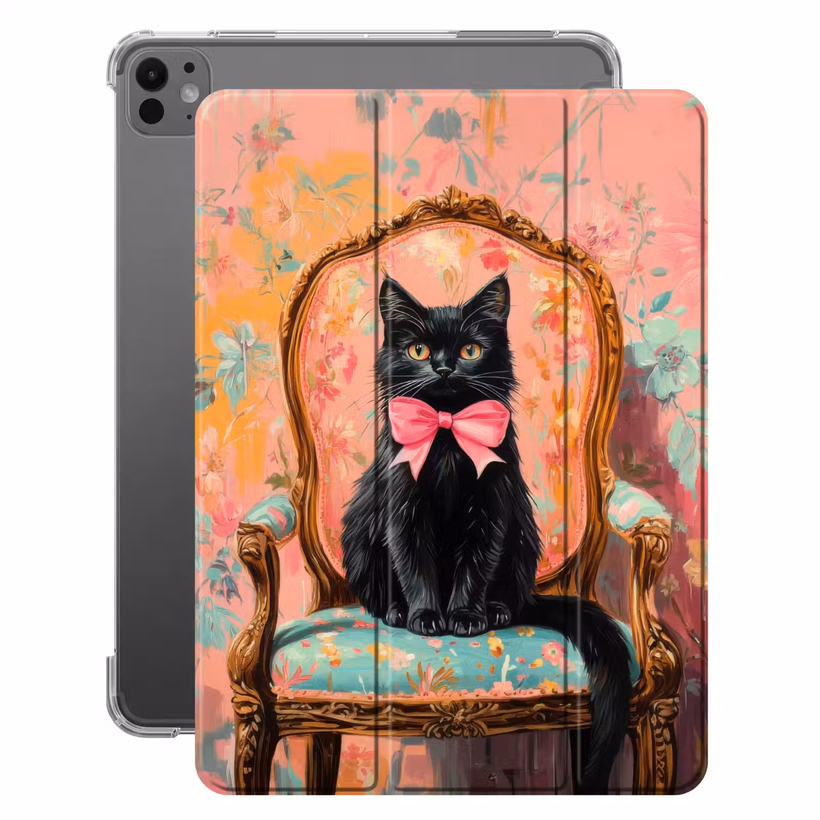iPad-Hülle - Katze - Rosa - Stuhl mit Blumenmuster — 1