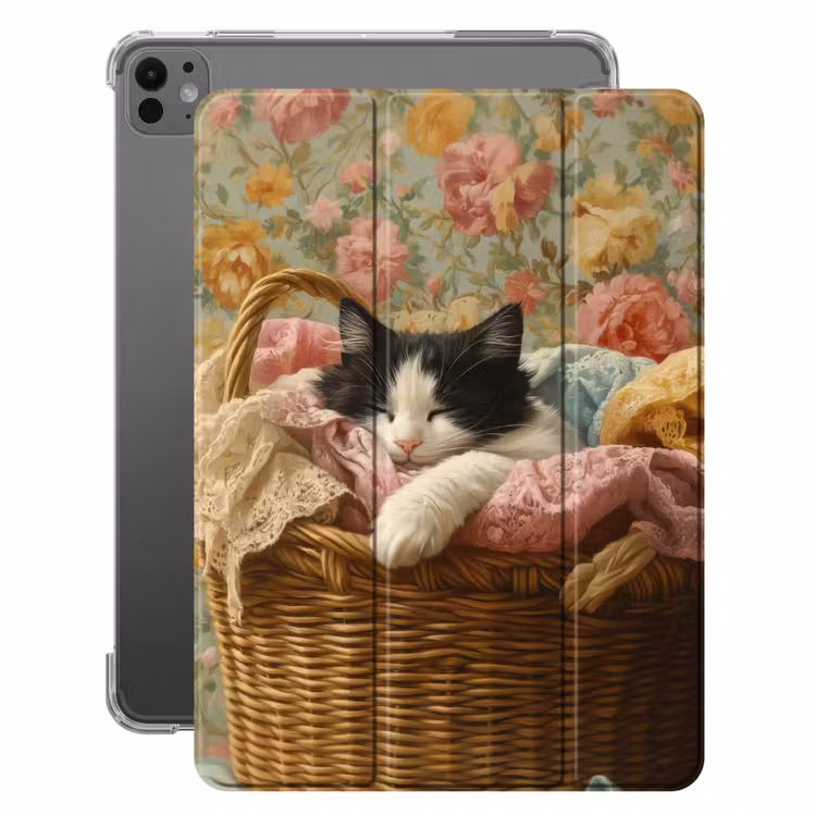 iPad-Hülle - Katze - Blumendruck - Weidenkorb — 1