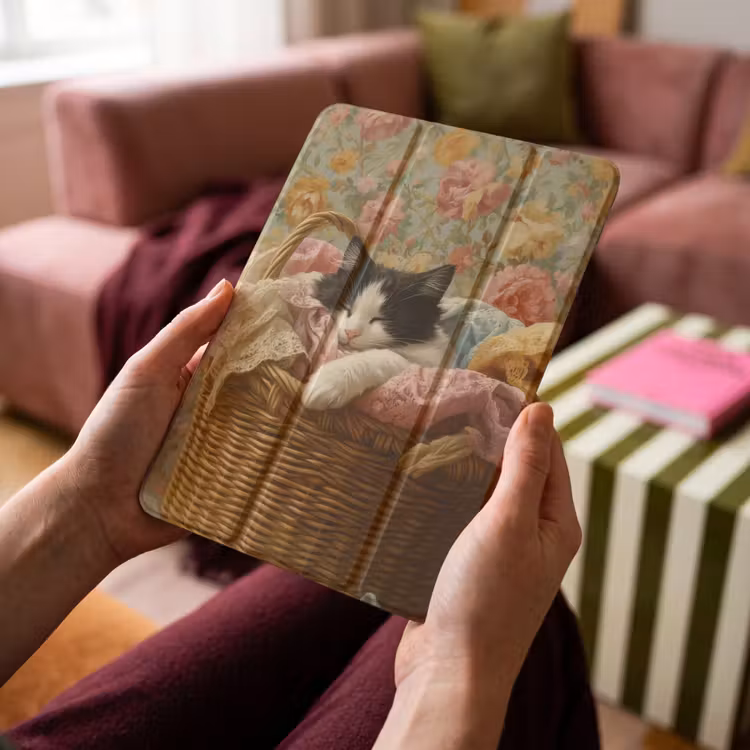 iPad-Hülle - Katze - Blumendruck - Weidenkorb — 4