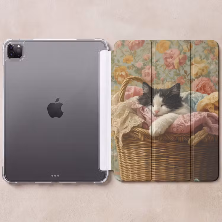 iPad-Hülle - Katze - Blumendruck - Weidenkorb — 6