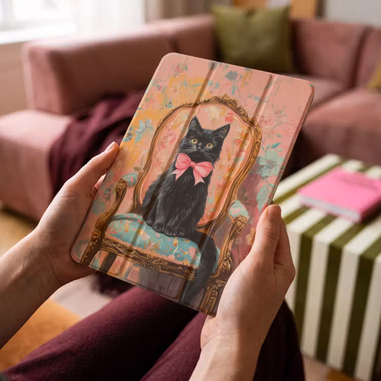 iPad-Hülle - Katze - Rosa - Stuhl mit Blumenmuster — 4