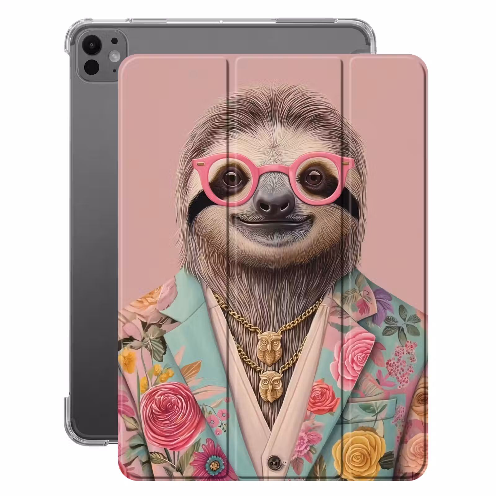 iPad-Hülle - Faultier - Blumendruck - Brille - Rosa — 1