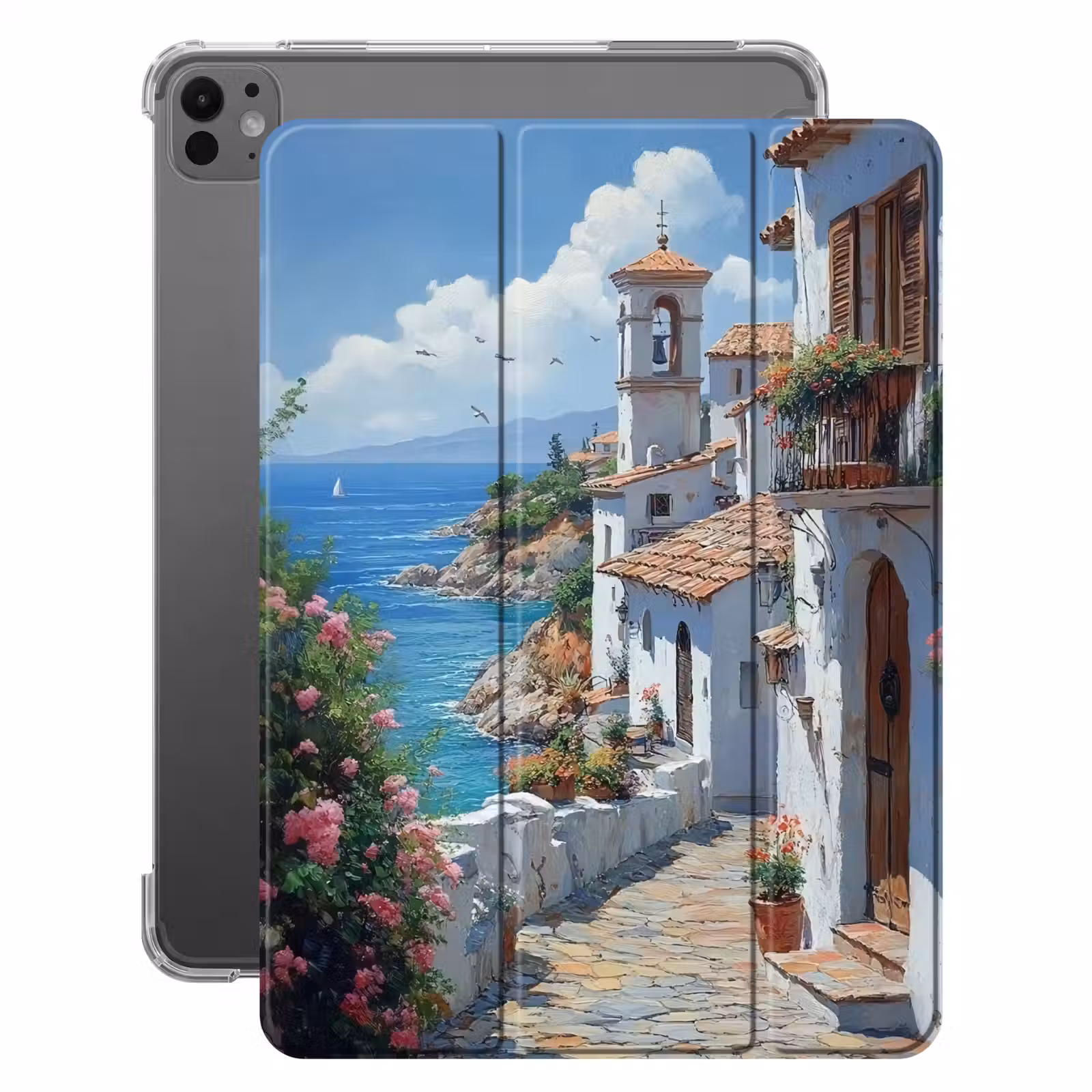 iPad-Hülle - Häuser - Meer - Bäume - Blumen — 1