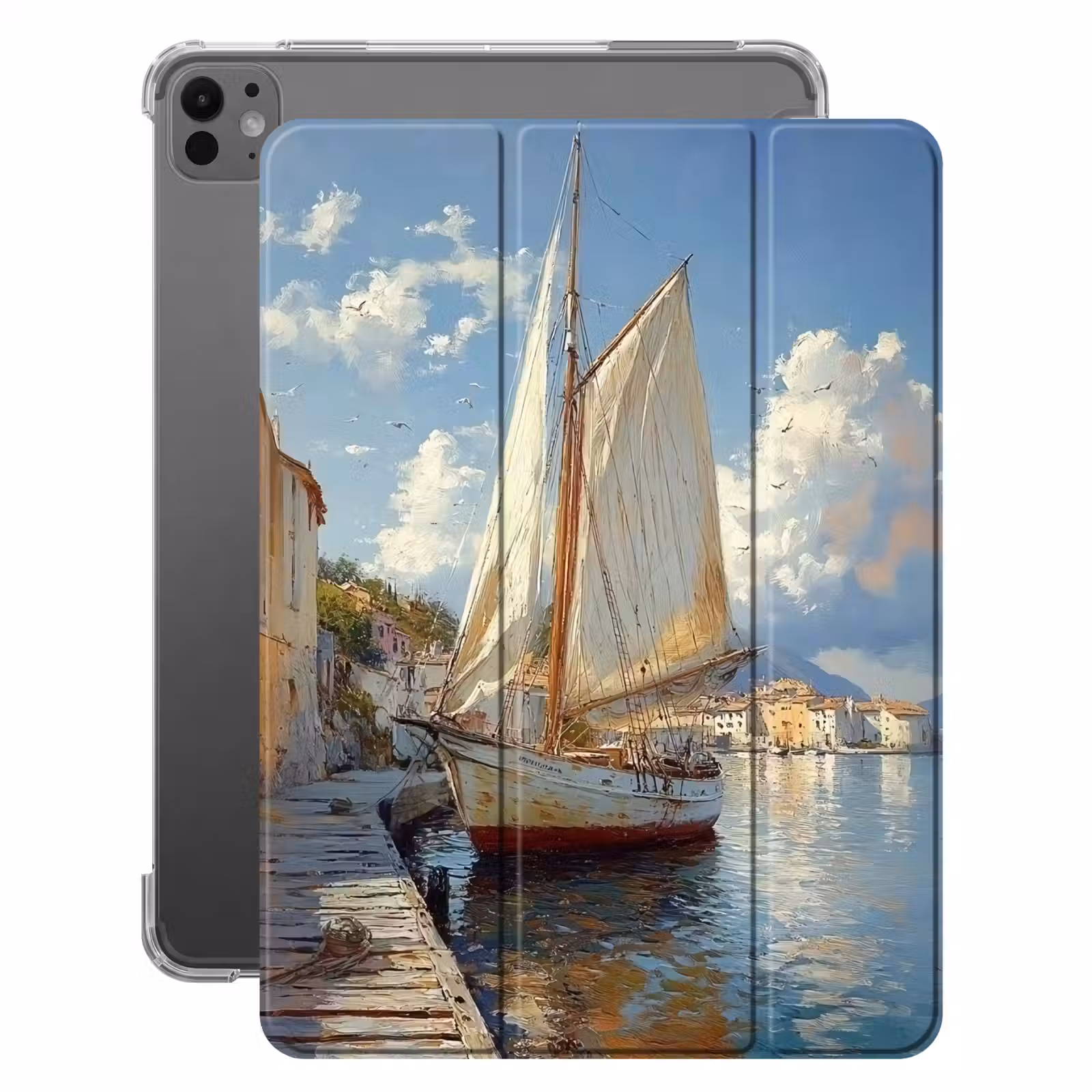 iPad-Hülle - Segelschiff - Häuser - Kai - Meer — 1