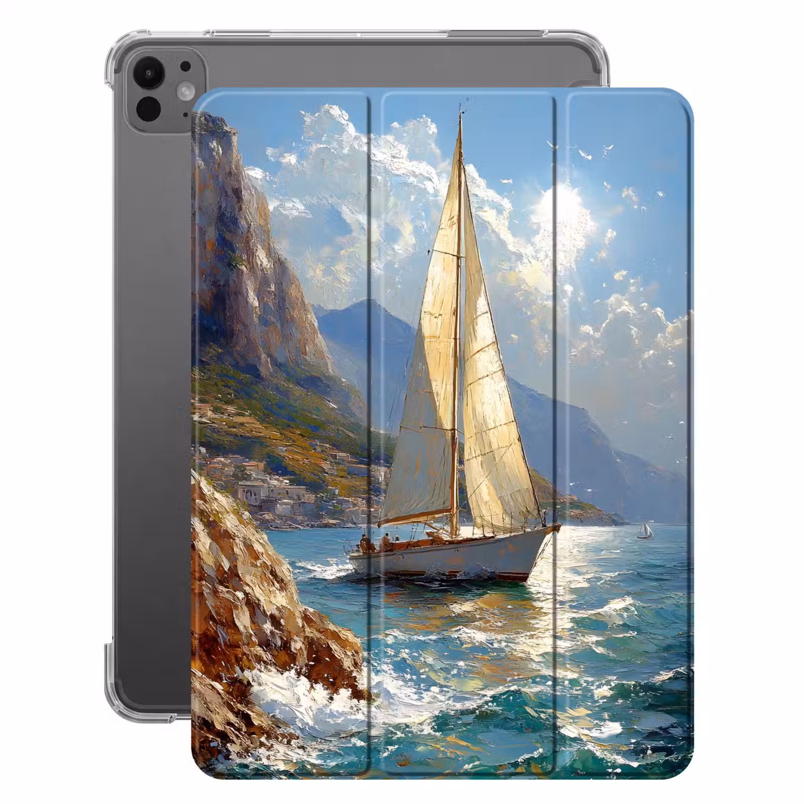 iPad-Hülle - Segelschiff - Meer - Felsen - Wolken — 1