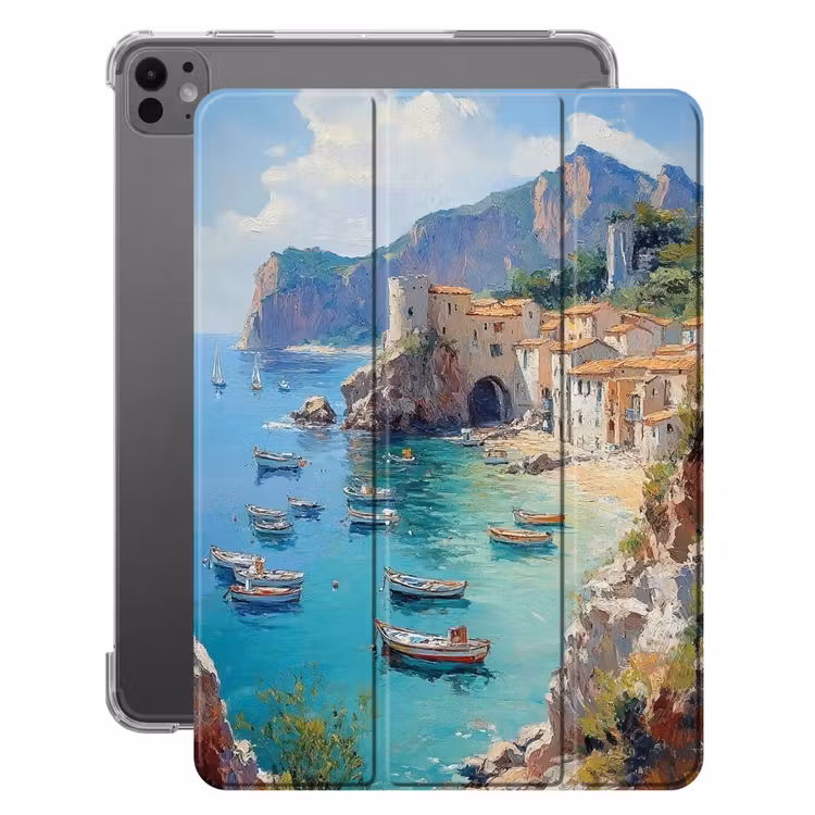 iPad-Hülle - Küstendorf - Malerei - Felsen - Boote — 1