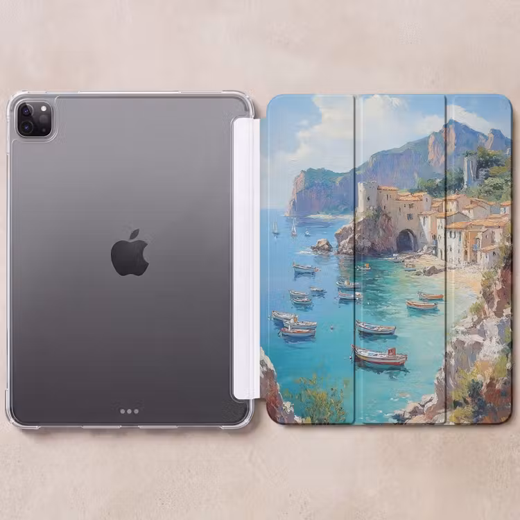 iPad-Hülle - Küstendorf - Malerei - Felsen - Boote — 6