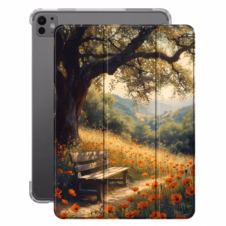 iPad-Hülle - Bank - Baum - Mohnblumen - Hügel — 1
