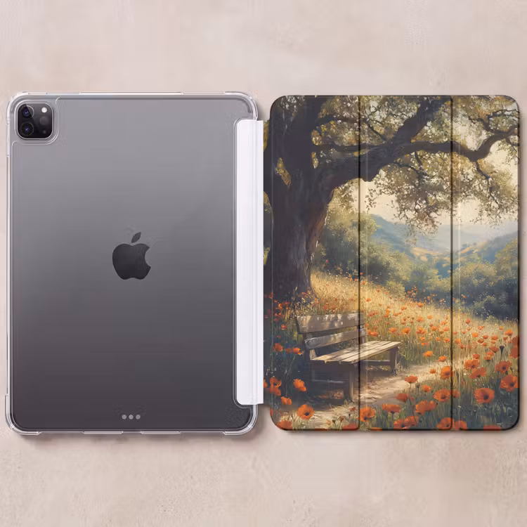 iPad-Hülle - Bank - Baum - Mohnblumen - Hügel — 6