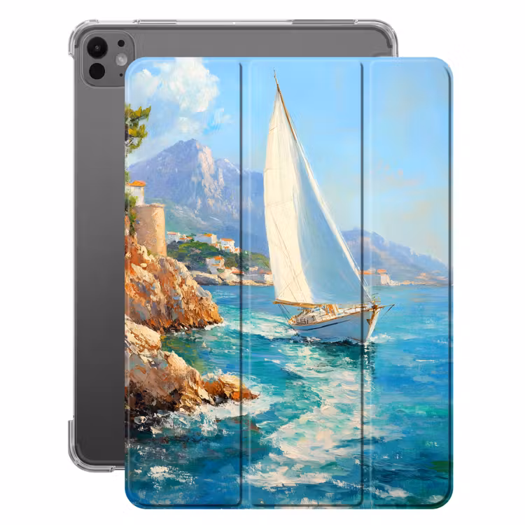 iPad-Hülle - Segelboot - Felsen - Küste - Häuser — 1