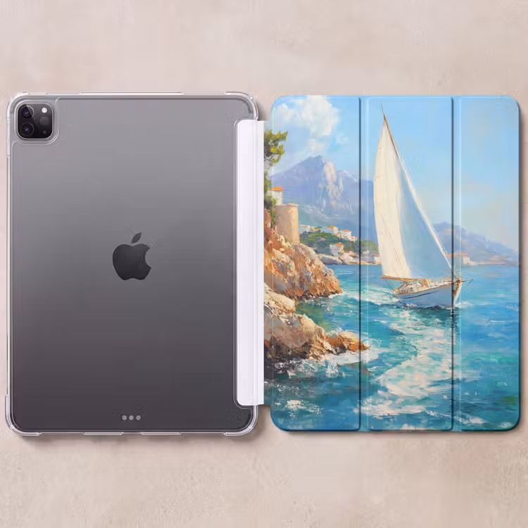 iPad-Hülle - Segelboot - Felsen - Küste - Häuser — 6