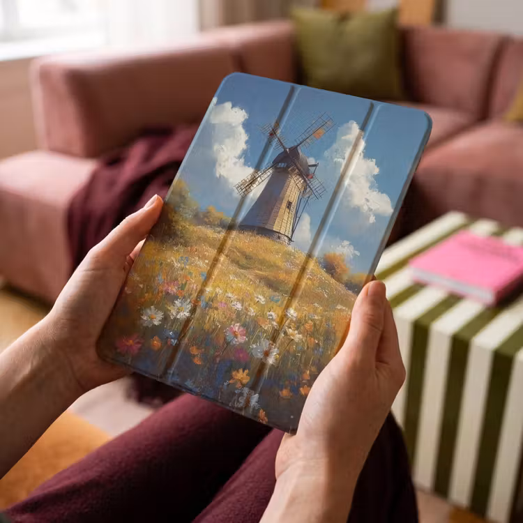 iPad-Hülle - Windmühle - Hügel - Blumen - Farbenfroh — 4