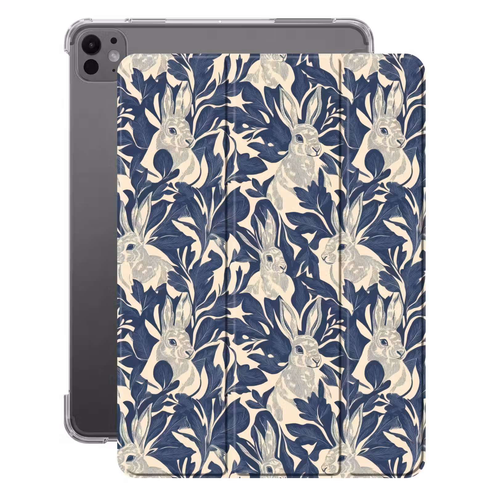 iPad-Hülle - Hasen - Blätter - Muster - Blau - Beige — 1